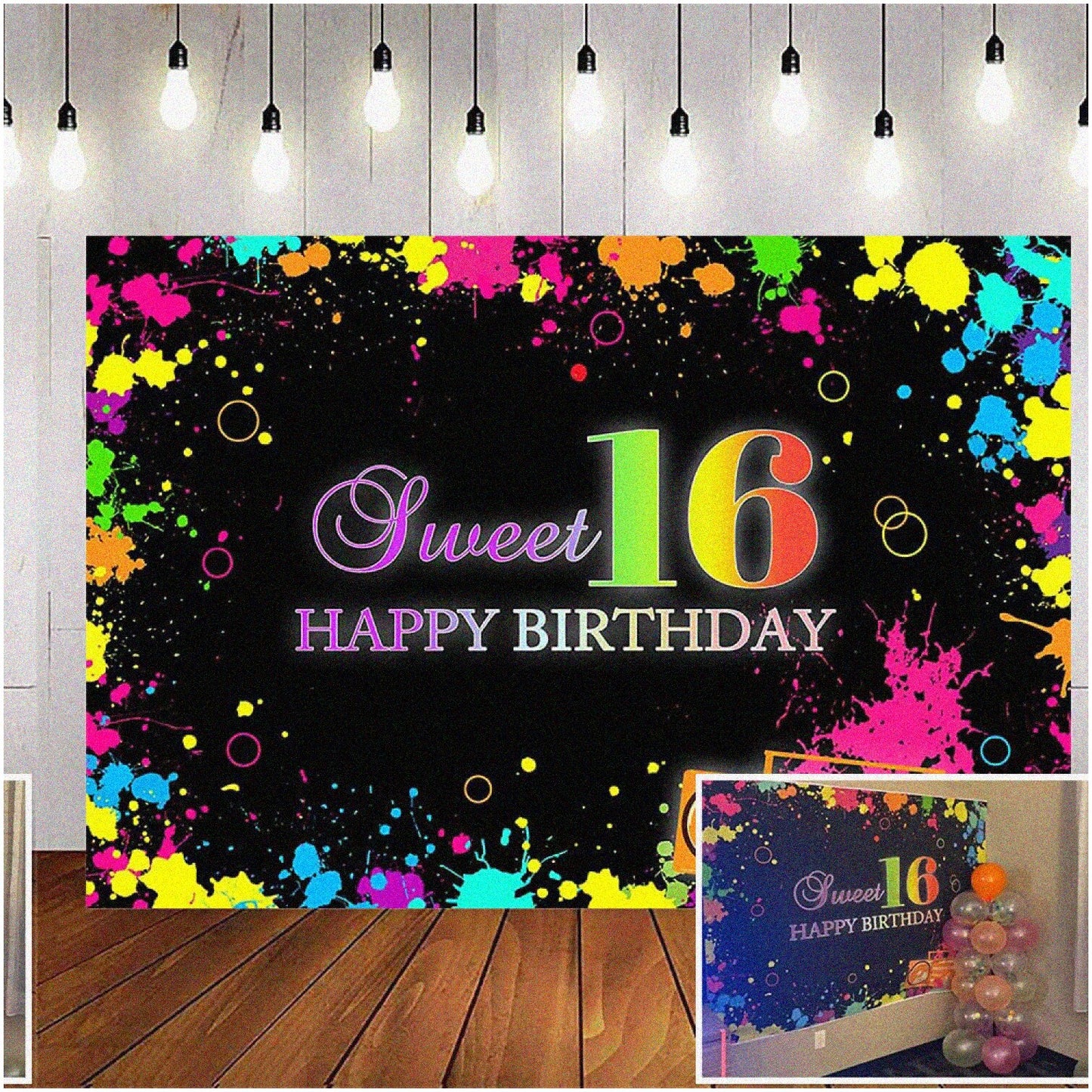 Neon Sweet 16 Backdrop 7x5ft for Birthday Party