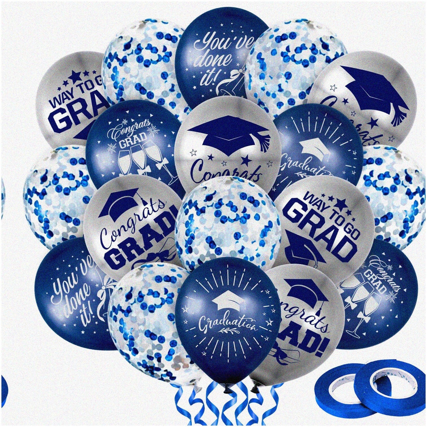 Graduation Balloon Set Navy Blue Silver Confetti 60 pcs