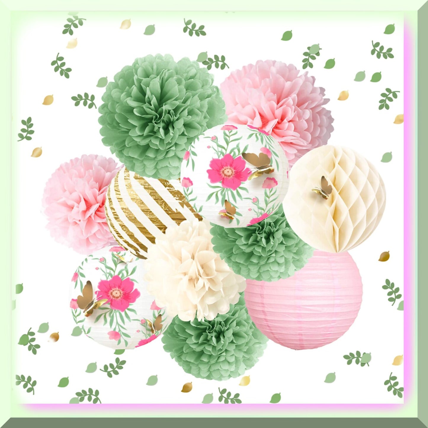 12PCS Green Pink Tissue Pom Poms and Paper Lanterns Set