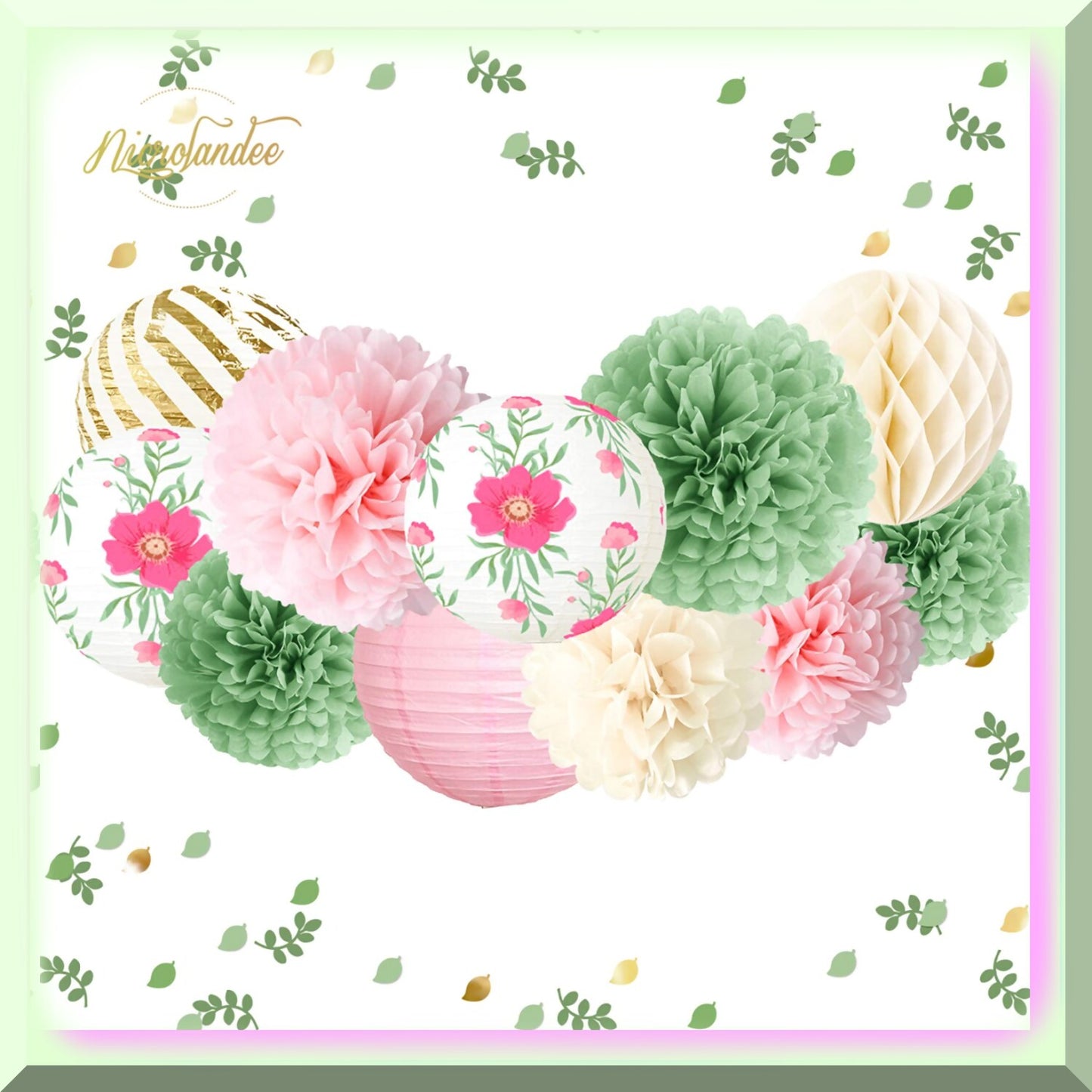 12PCS Green Pink Tissue Pom Poms and Paper Lanterns Set