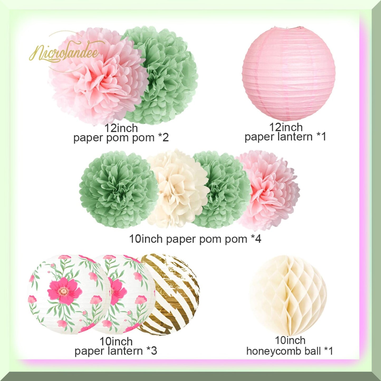 12PCS Green Pink Tissue Pom Poms and Paper Lanterns Set