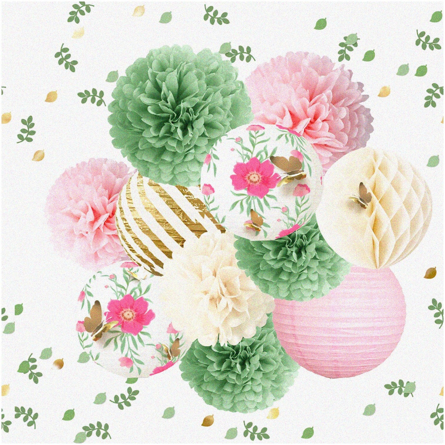 12PCS Green Pink Tissue Pom Poms and Paper Lanterns Set