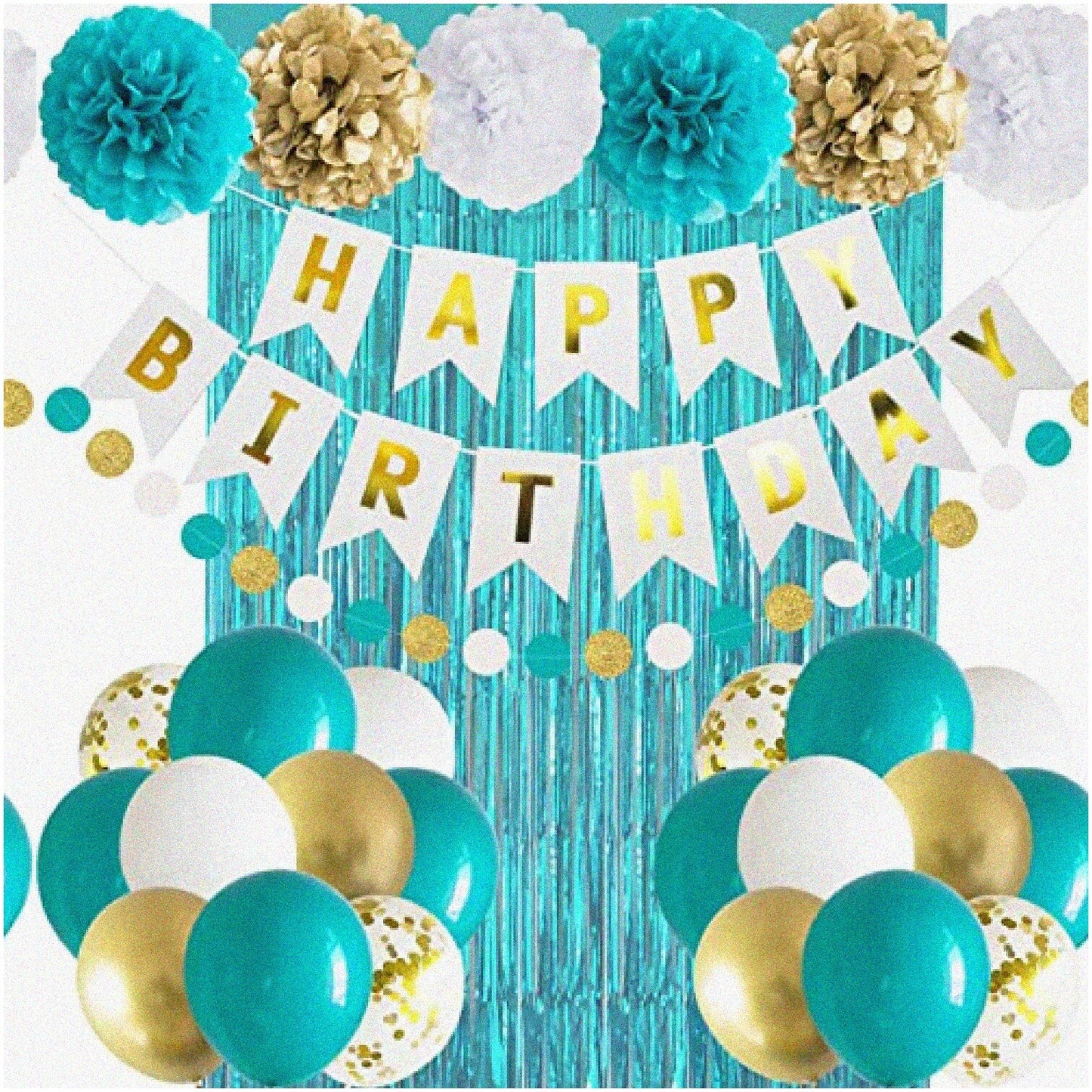 Teal Blue and Gold Birthday Bash Set with Fringe Curtain