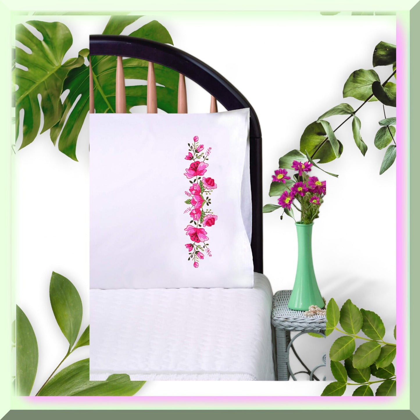 Floral Embroidery Pillowcase Kit for Pink Blooms