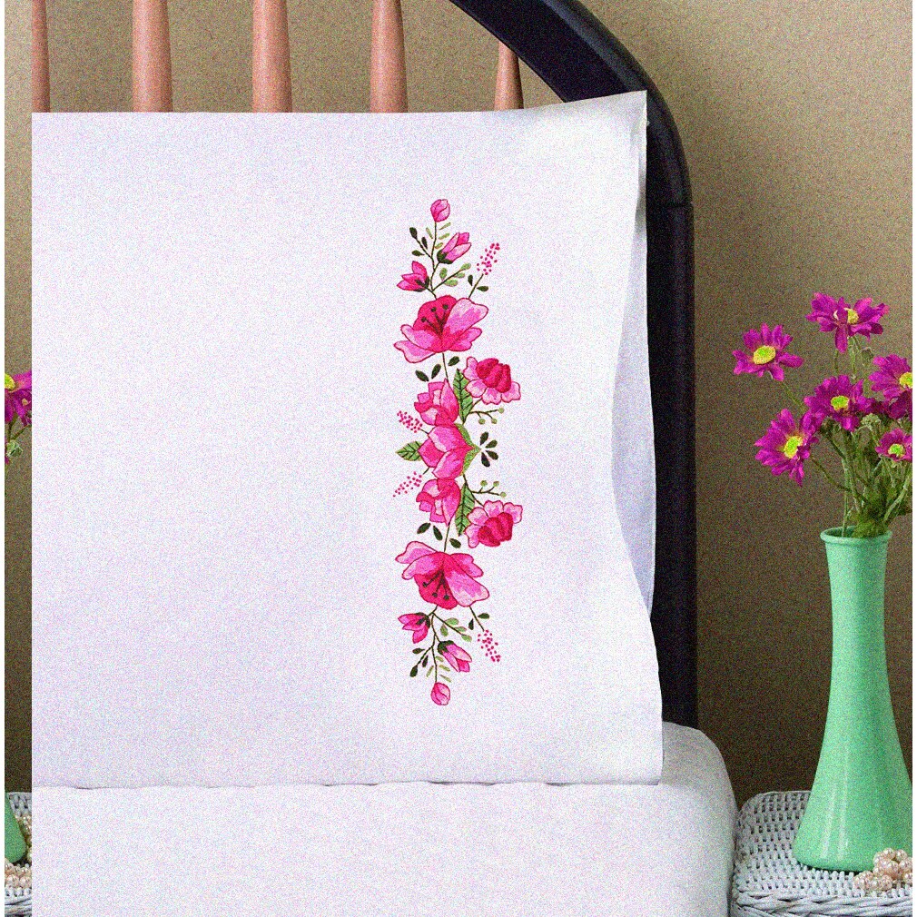 Floral Embroidery Pillowcase Kit for Pink Blooms