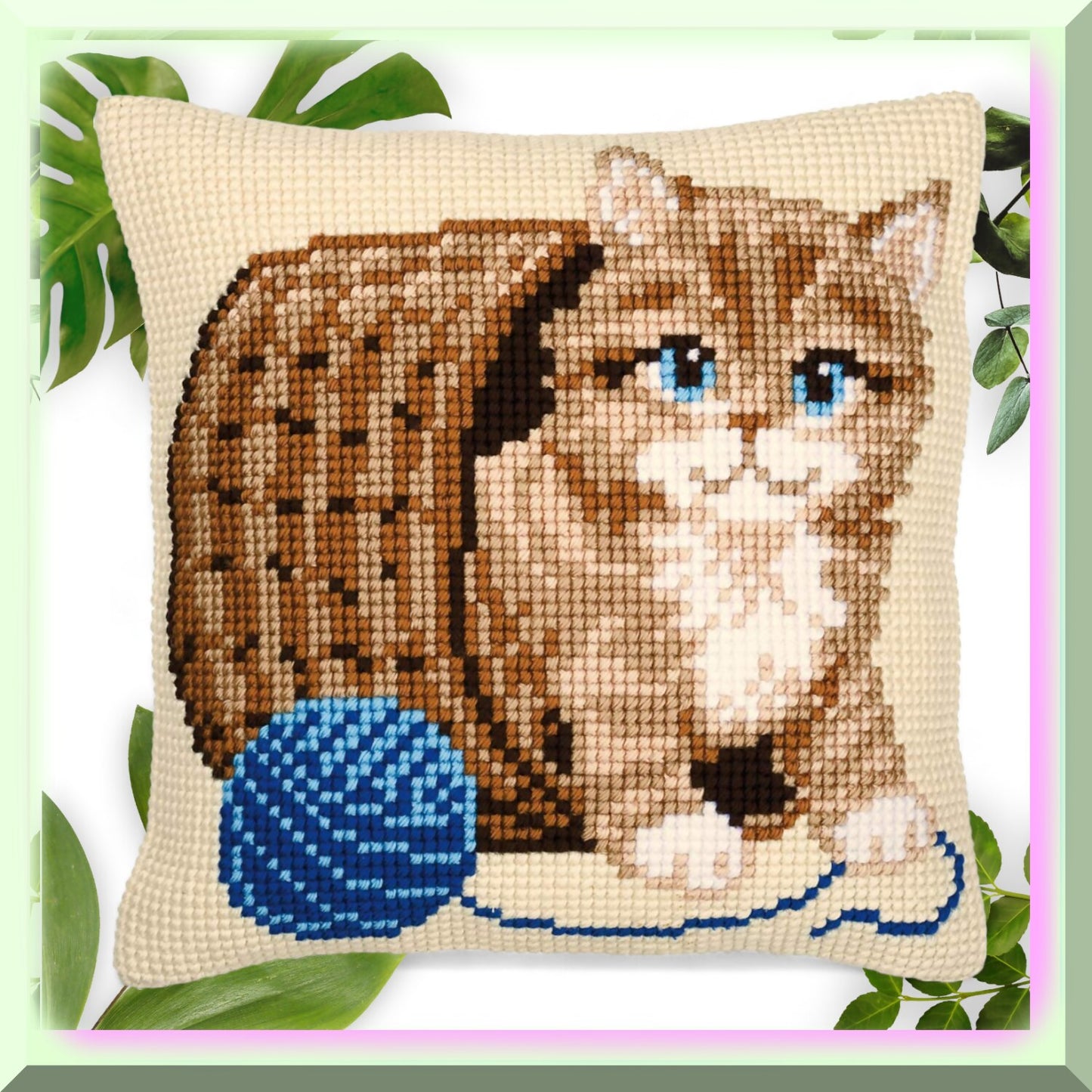 Cross Stitch Cushion Kit with Cat Design, 16x16 Inches
