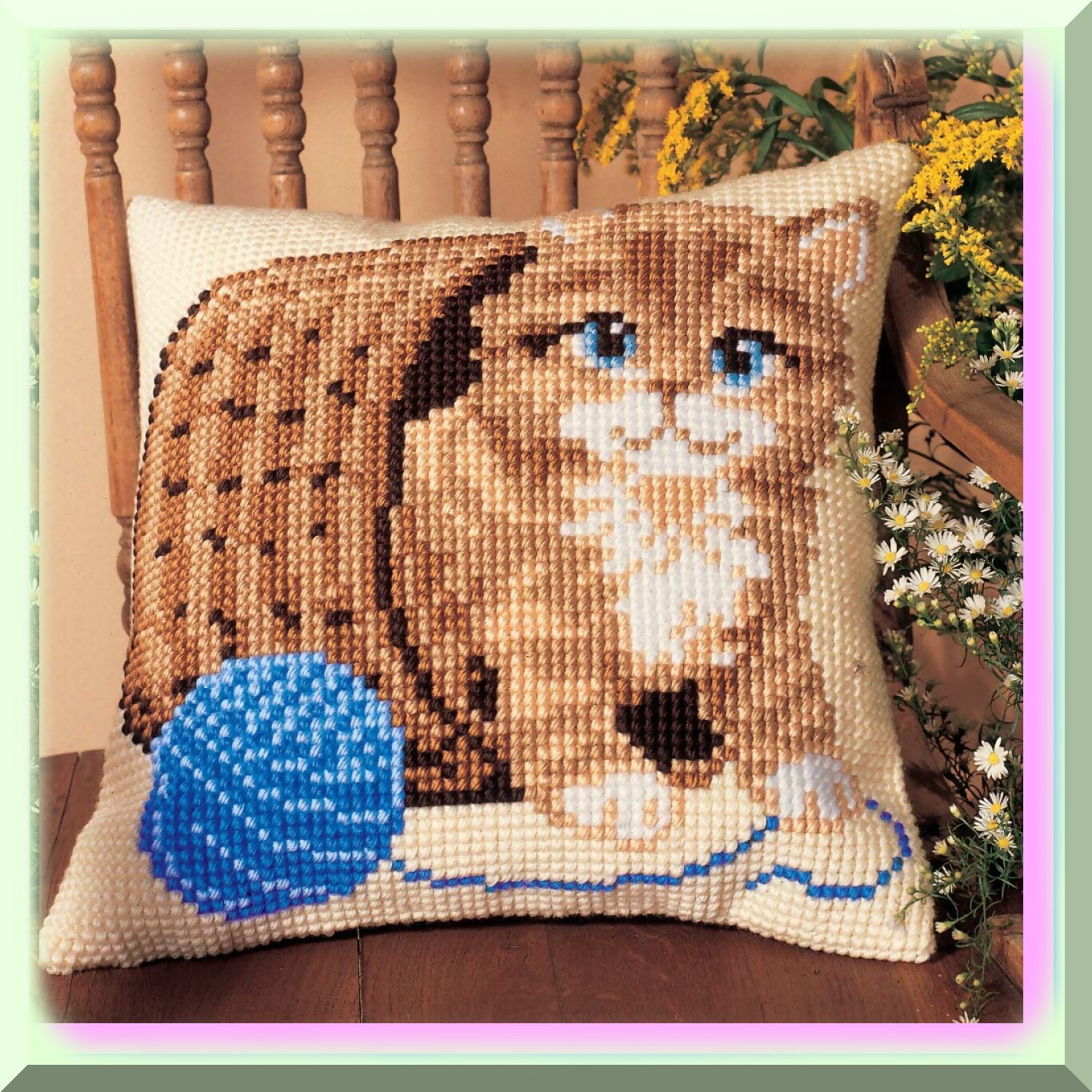 Cross Stitch Cushion Kit with Cat Design, 16x16 Inches
