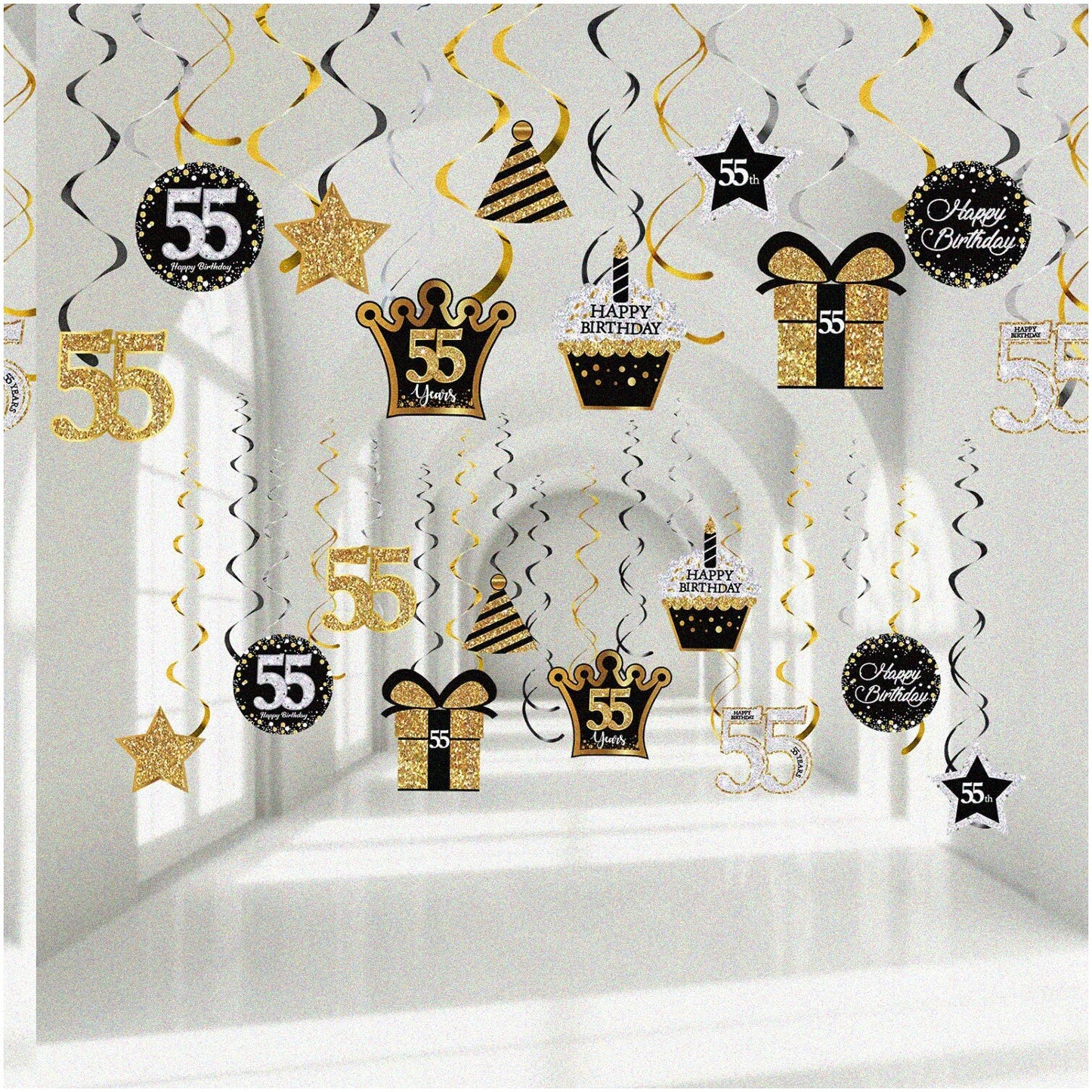 55th Birthday Hanging Decorations Kit with Swirls and Cards