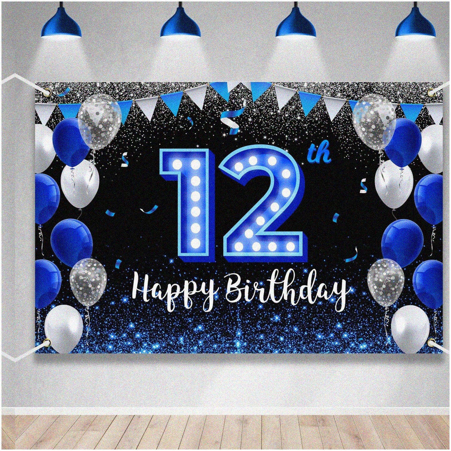 Neon Glow Party Backdrop Banner Blue Black 70x47 inches