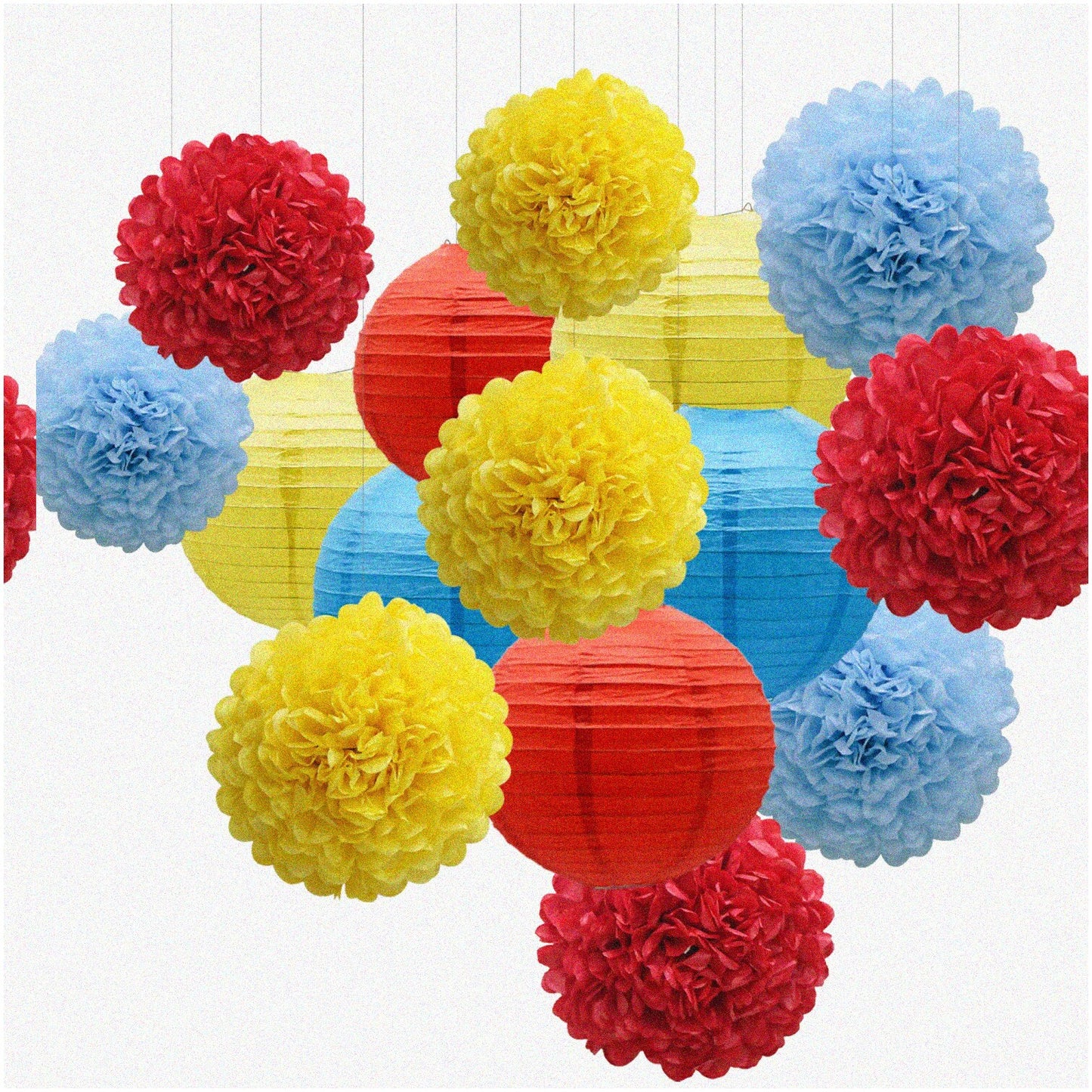 Circus Carnival Fiesta Party Kit with 15 Paper Lanterns, Pom Poms & Flowers
