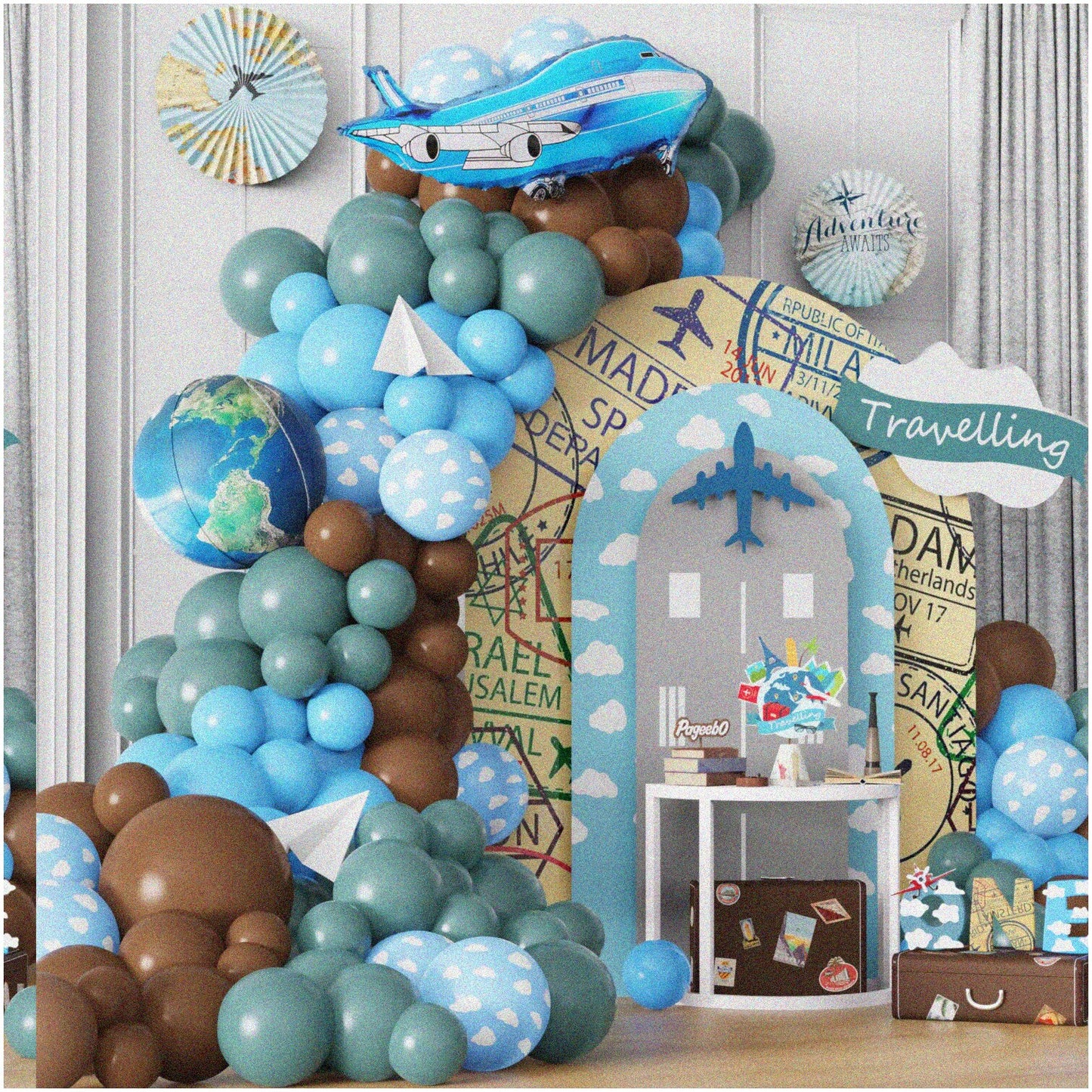 Globetrotter Balloon Arch Kit 131pcs Dusty Blue Coffee