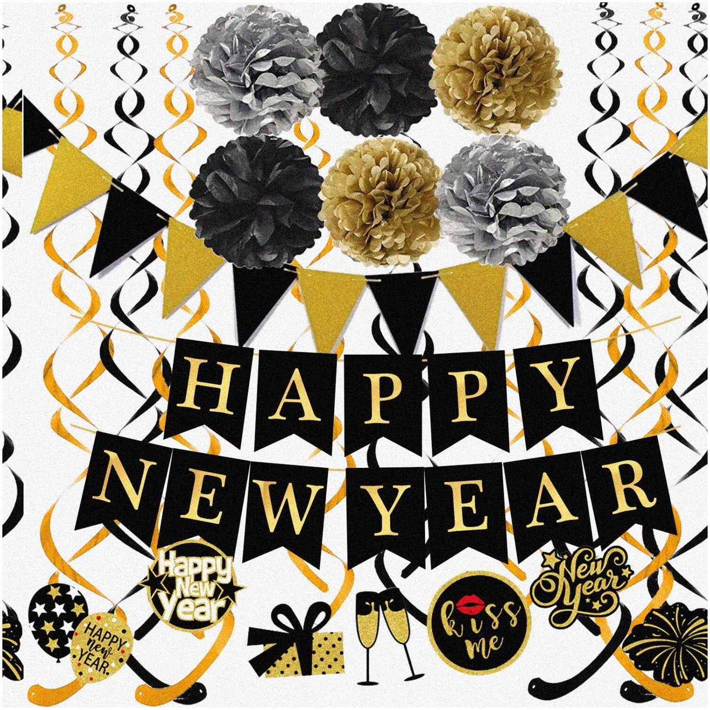 New Year Fiesta Decoration Set with Banner, Pom Poms, Flags, and Garlands