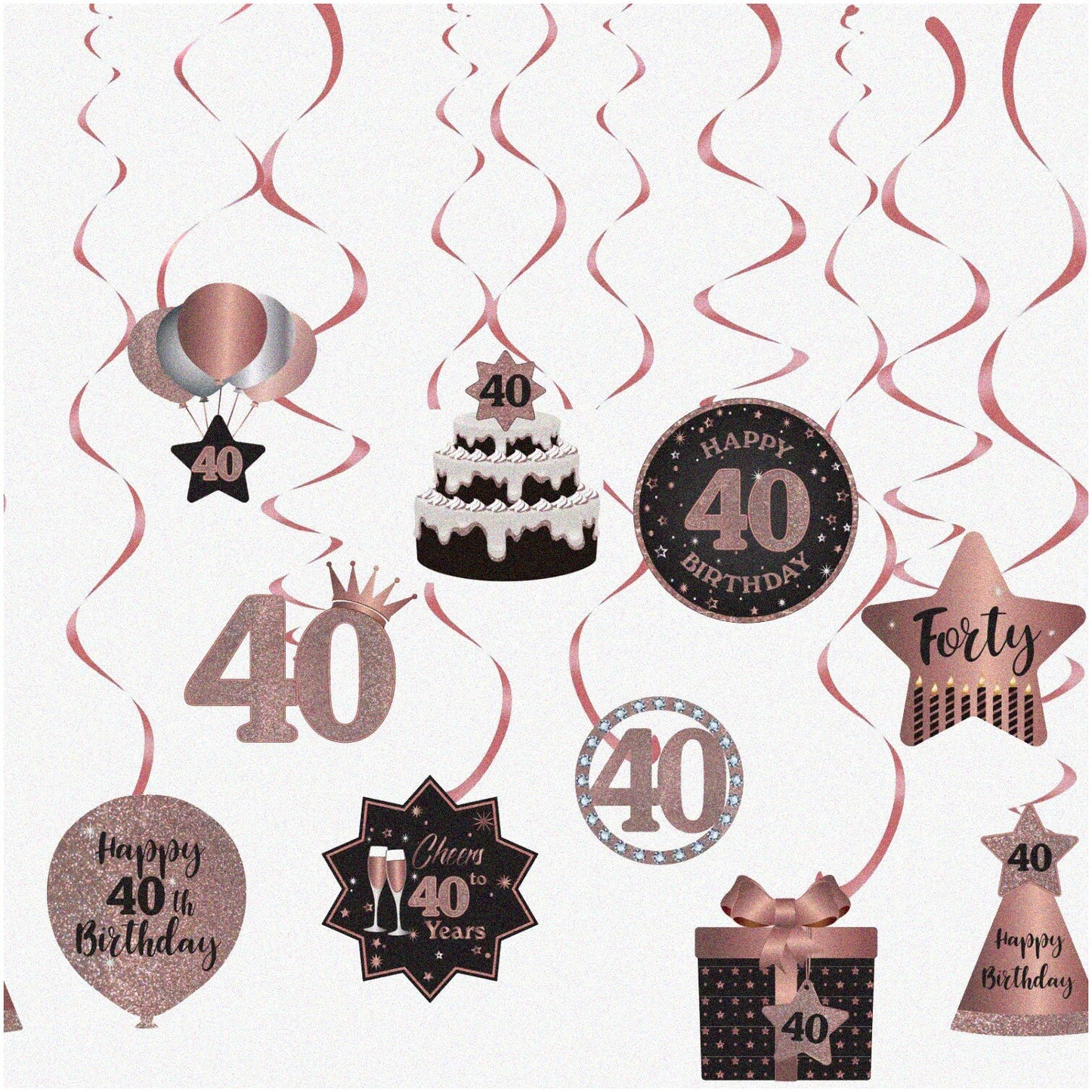 Rose Gold 40th Birthday Hanging Swirls Set of 10