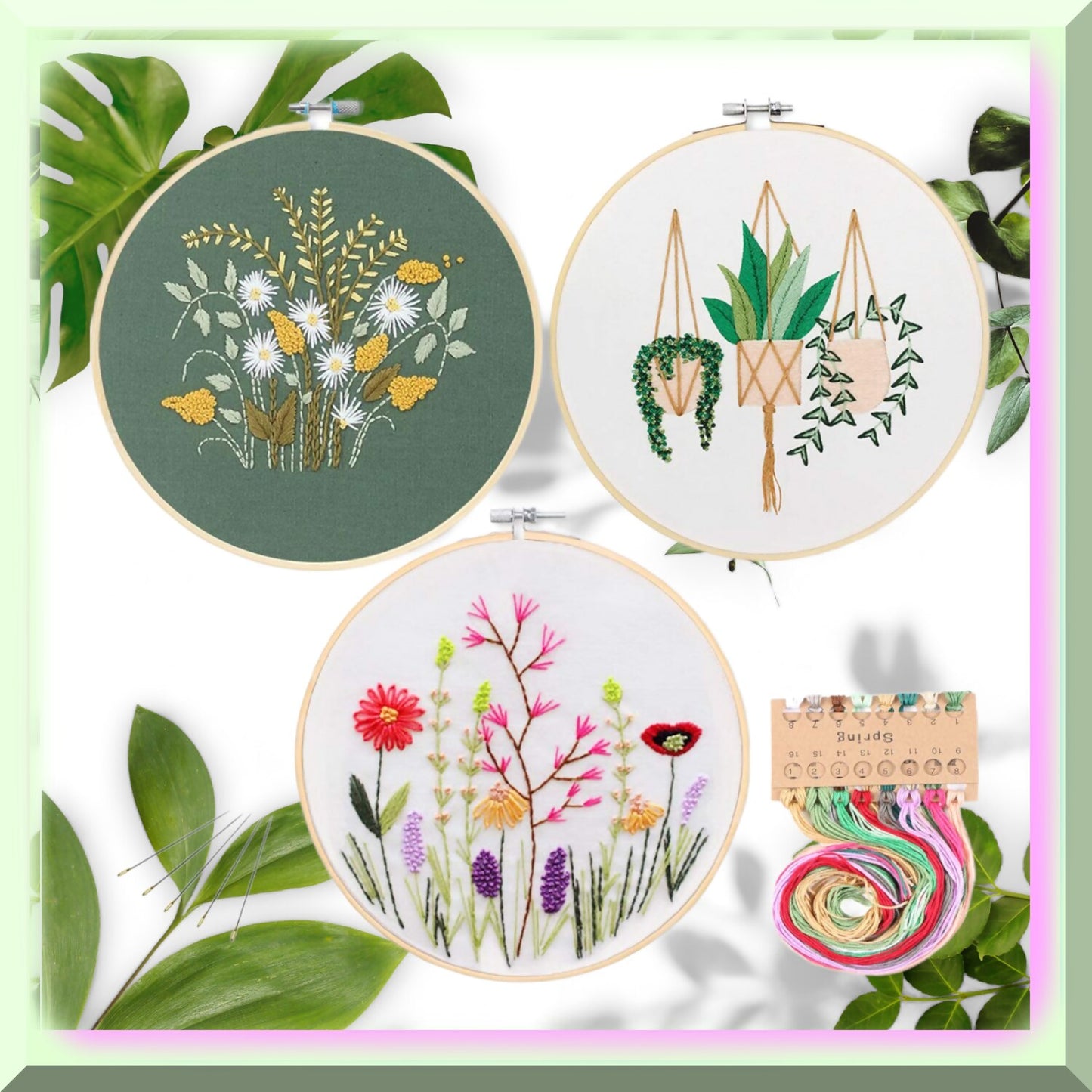 Complete Embroidery Starter Kit with Patterns, Hoops, Threads
