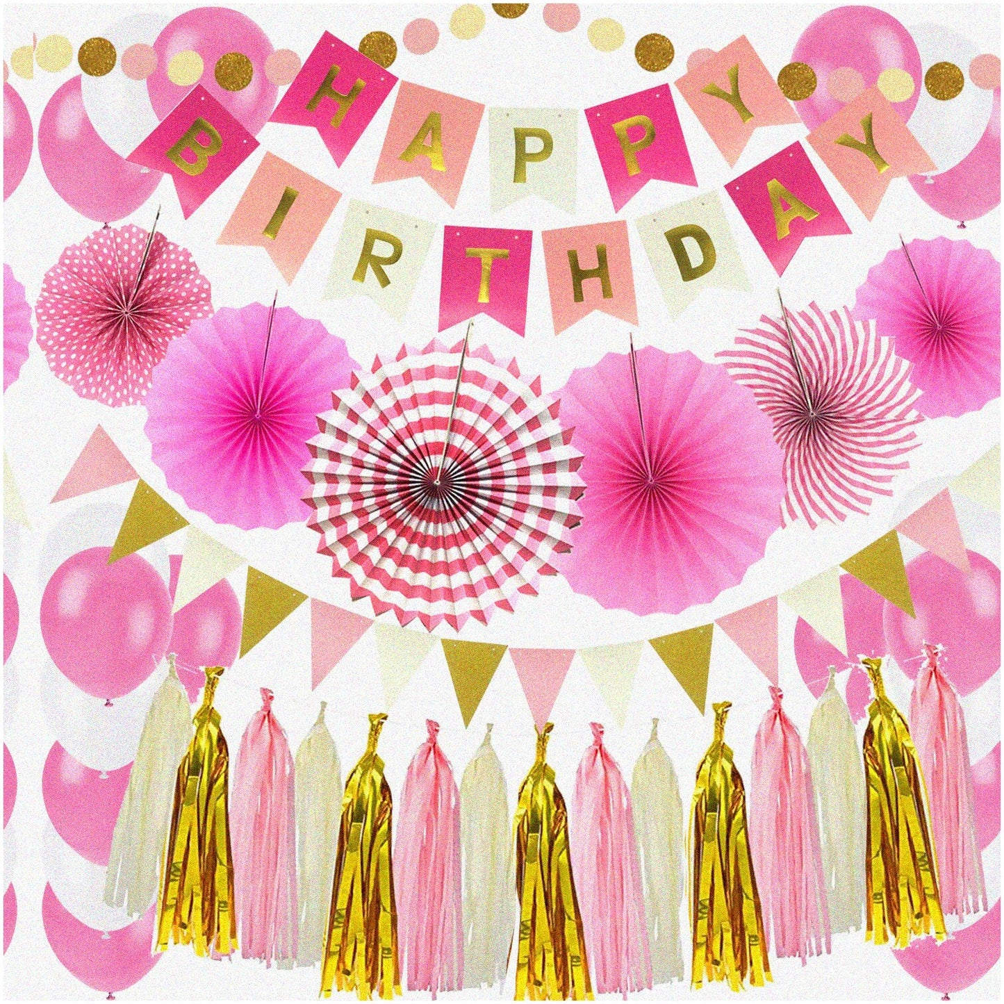 Pink Birthday Party Decoration Kit with Banner, Fans, Bunting, Tissue Tel, Balloons