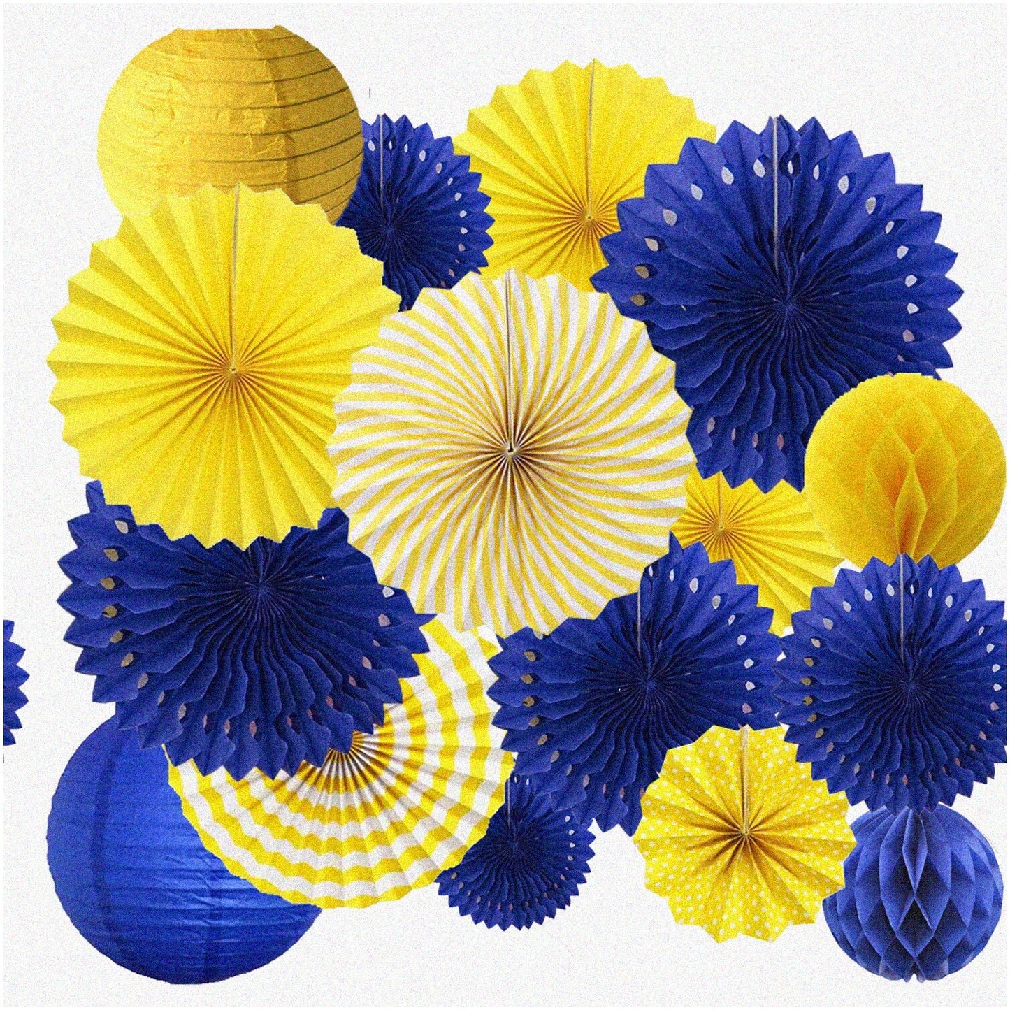 16PCS Blue Yellow Hanging Paper Fan Rosettes and Honeycomb Ball Lanterns Set