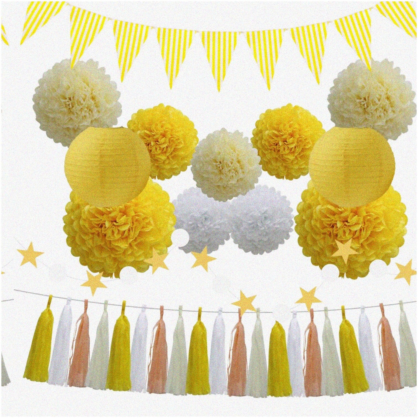 33pc Yellow Party Decor Set with Lanterns, Pom Poms, Garlands