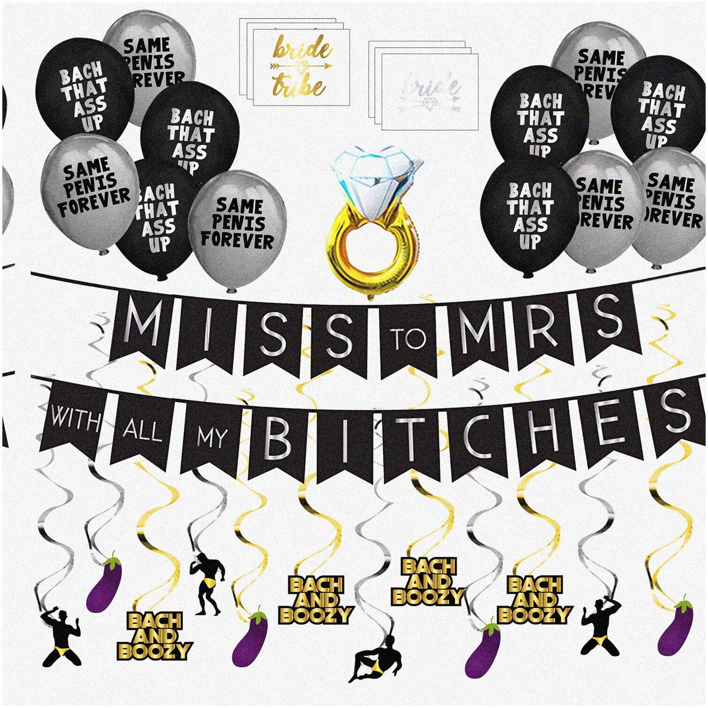 Black and Silver Bachelorette Bash Kit with Decorations and Favors