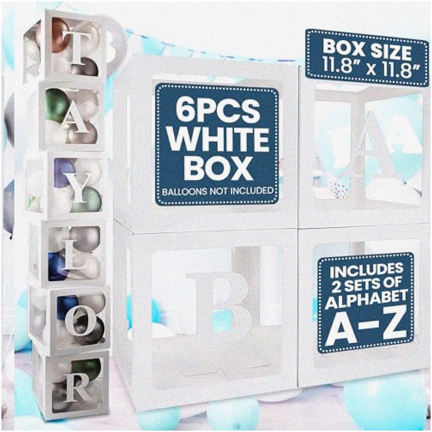 6 White Baby Name Balloon Boxes Kit with 52 Letters