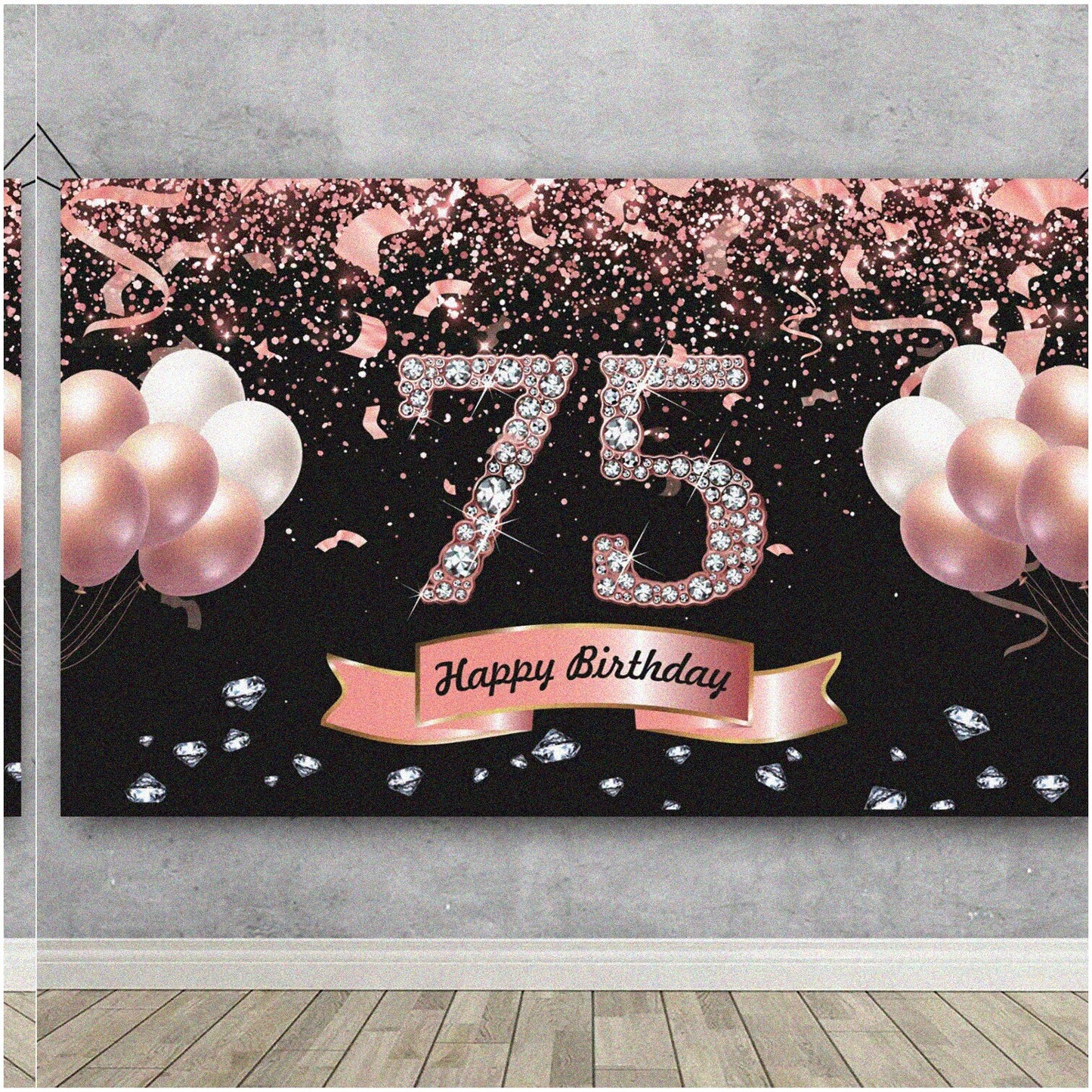 Rose Gold 75th Birthday Celebration Kit with Backdrop and Banner