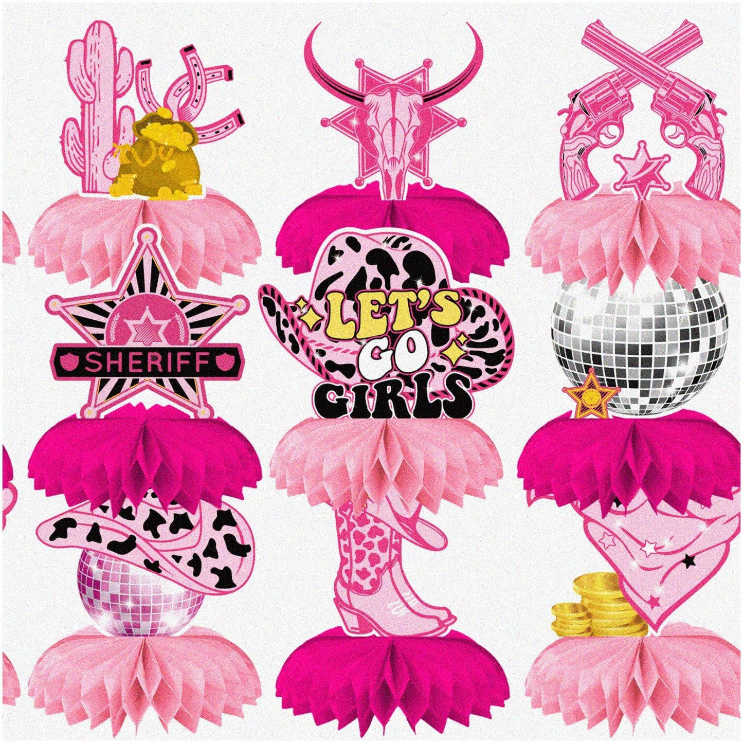 Disco Cowgirl Party Pack Pink Honeycomb Centerpieces 9 Pieces