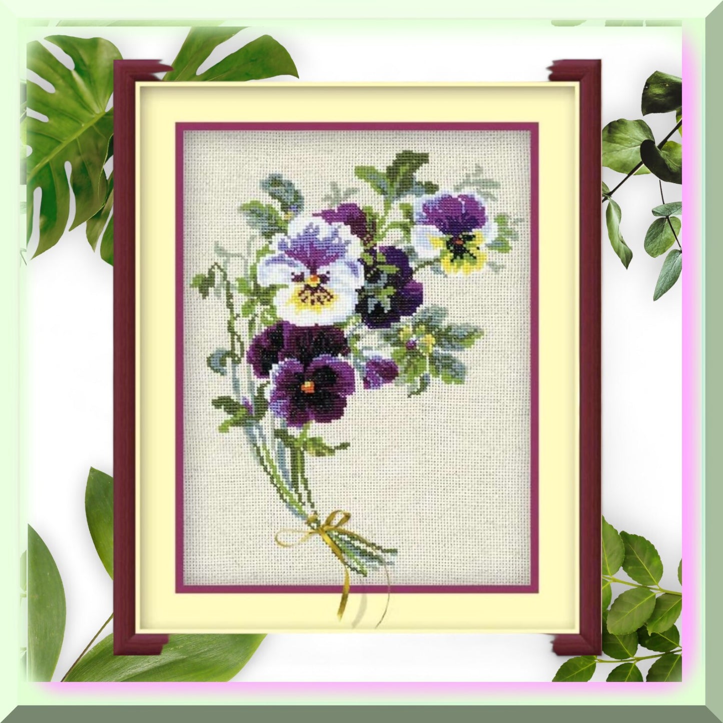Flaxen Blooms Cross Stitch Kit with Pansies Design