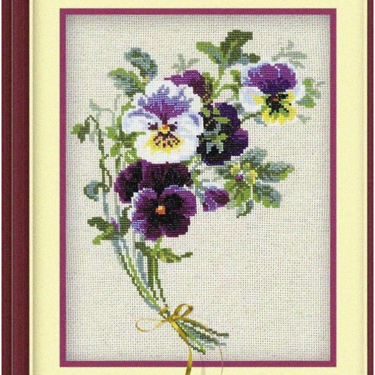 Flaxen Blooms Cross Stitch Kit with Pansies Design