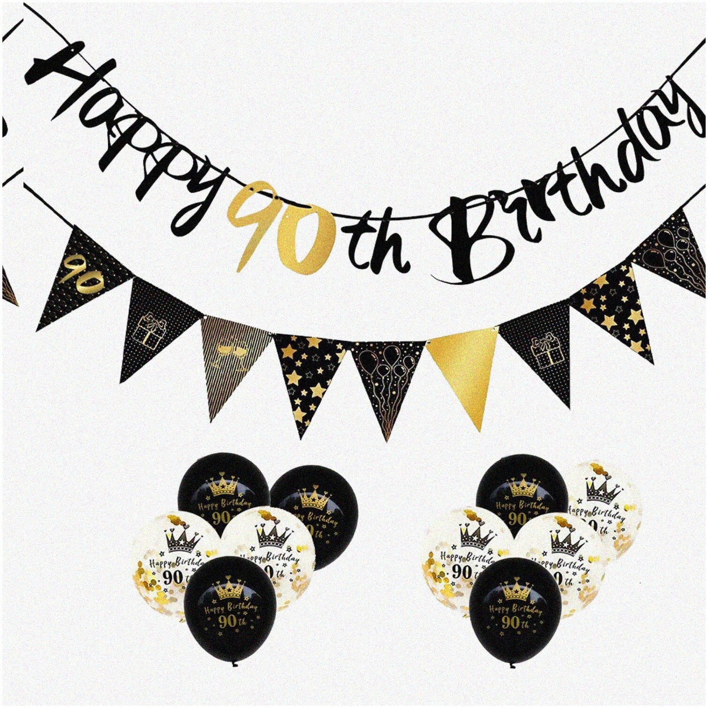 90th Birthday Celebration Kit Black Gold Decorations