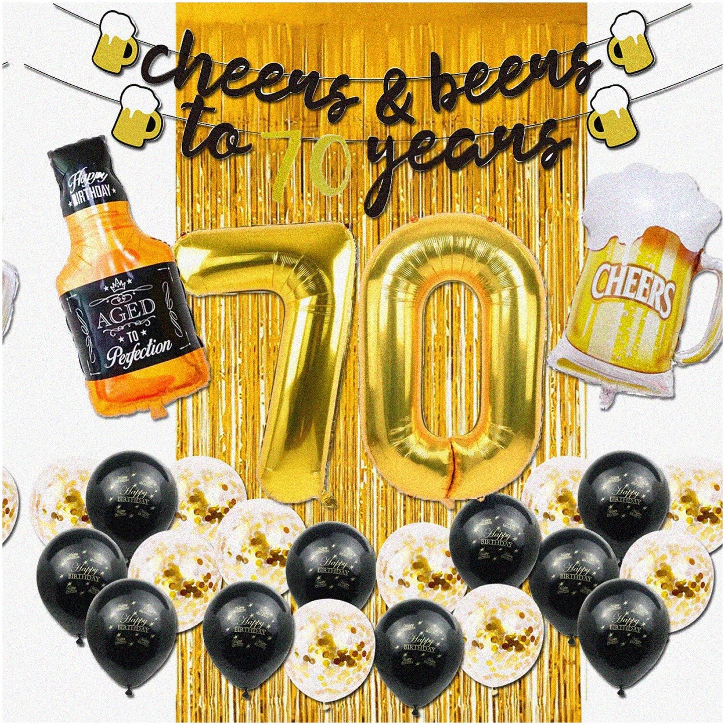 70th Birthday Celebration Kit with Gold Number Balloon and Fringe Curtain