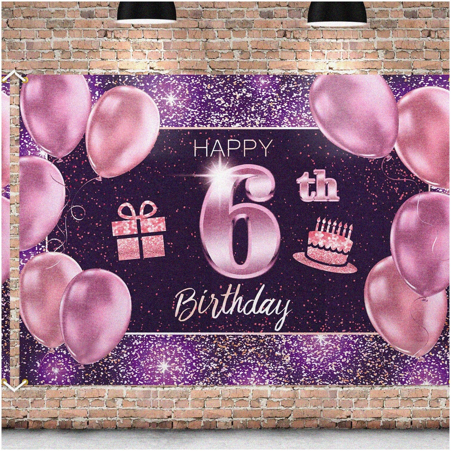 Sparkling Celebration 6th Birthday Backdrop 4x6ft Pink Purple Gold