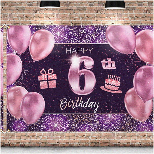 Sparkling Celebration 6th Birthday Backdrop 4x6ft Pink Purple Gold