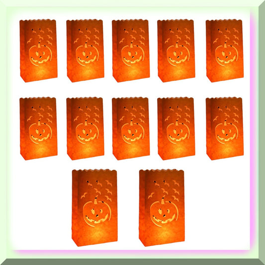 12-Pack Orange Pumpkin Paper Candle Lantern Bags 15x9x24cm