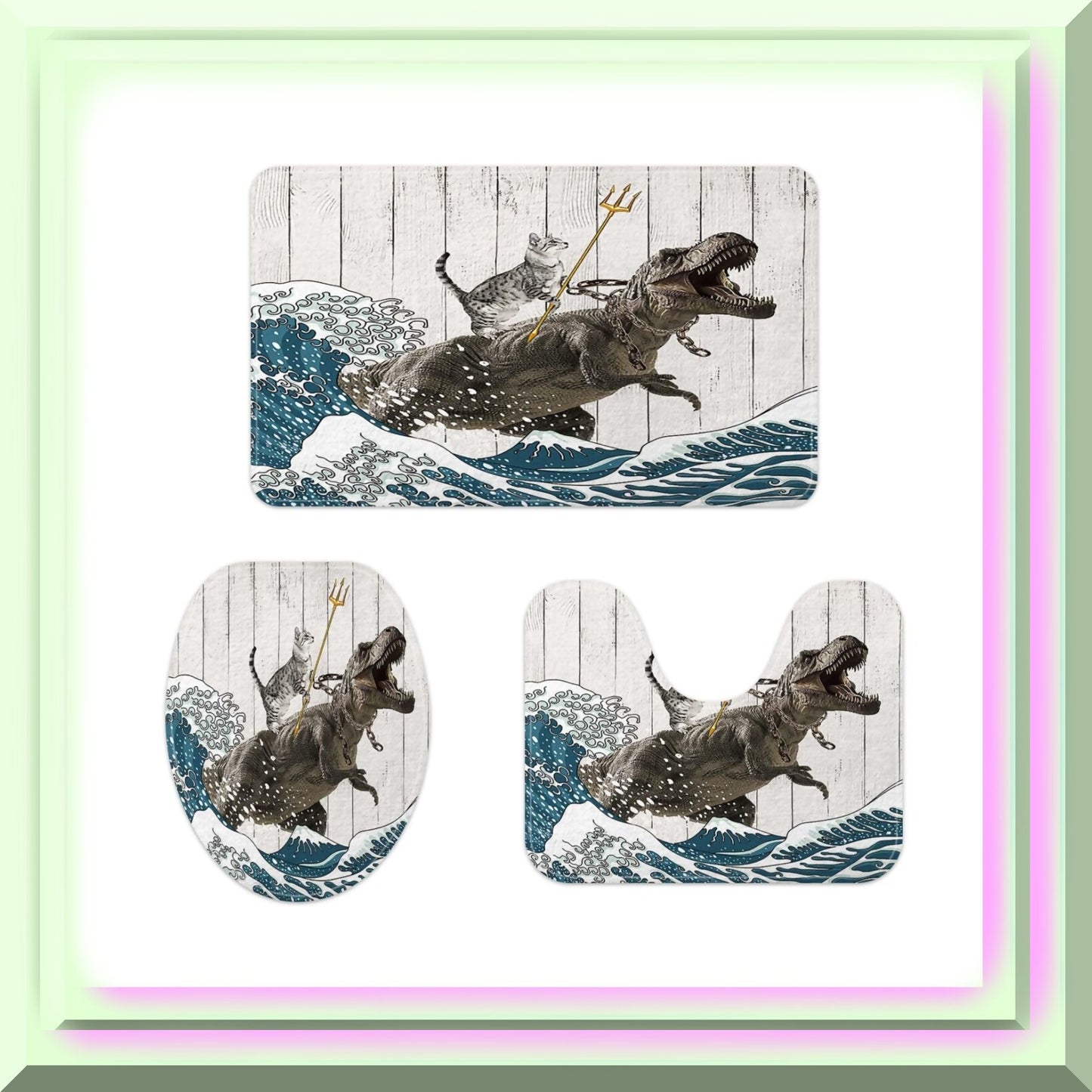 3-Piece Cat Bath Mat Set with Dinosaur Ocean Wave Decor