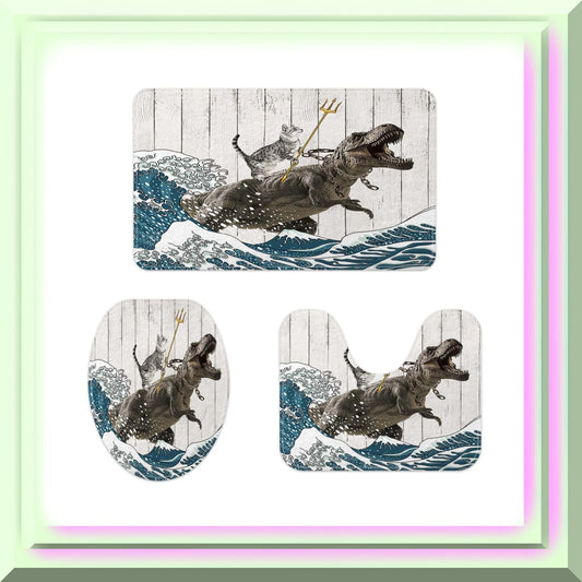 3-Piece Cat Bath Mat Set with Dinosaur Ocean Wave Decor