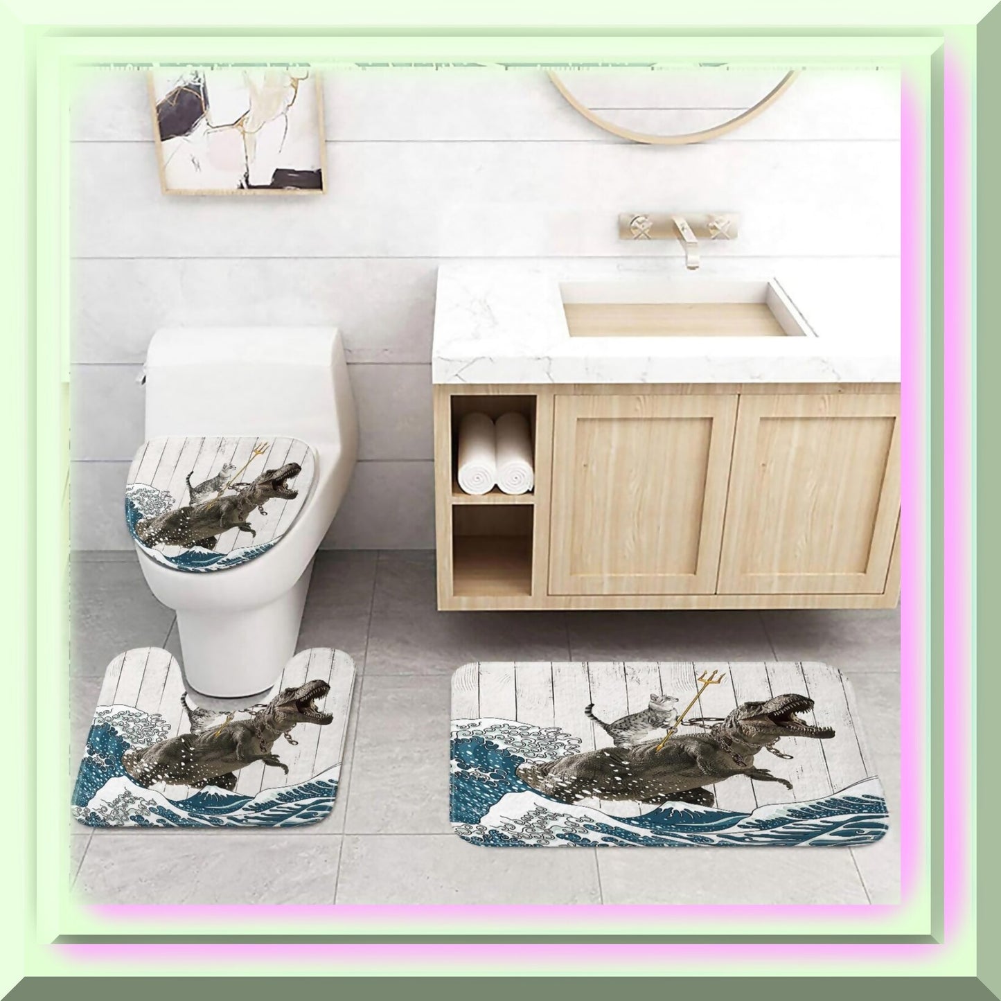 3-Piece Cat Bath Mat Set with Dinosaur Ocean Wave Decor