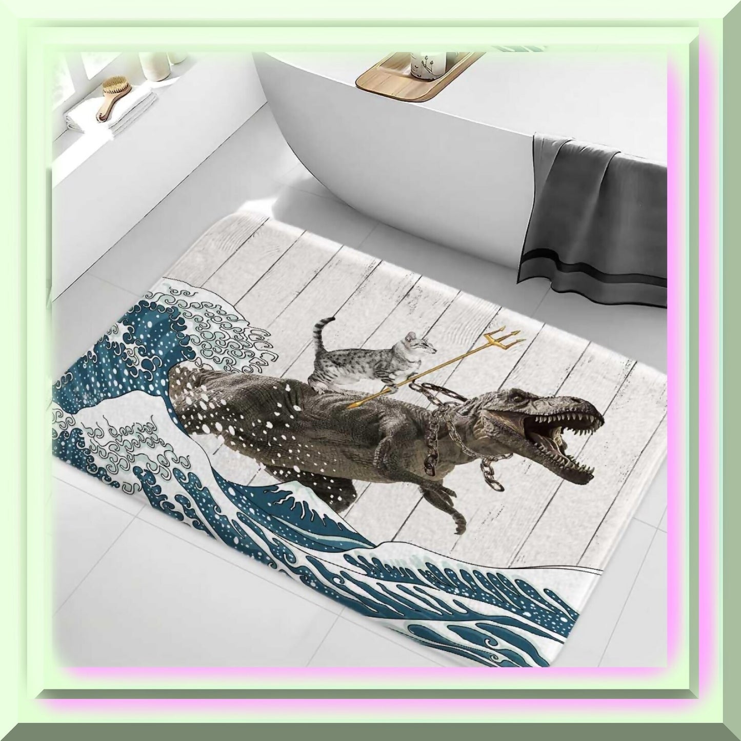 3-Piece Cat Bath Mat Set with Dinosaur Ocean Wave Decor