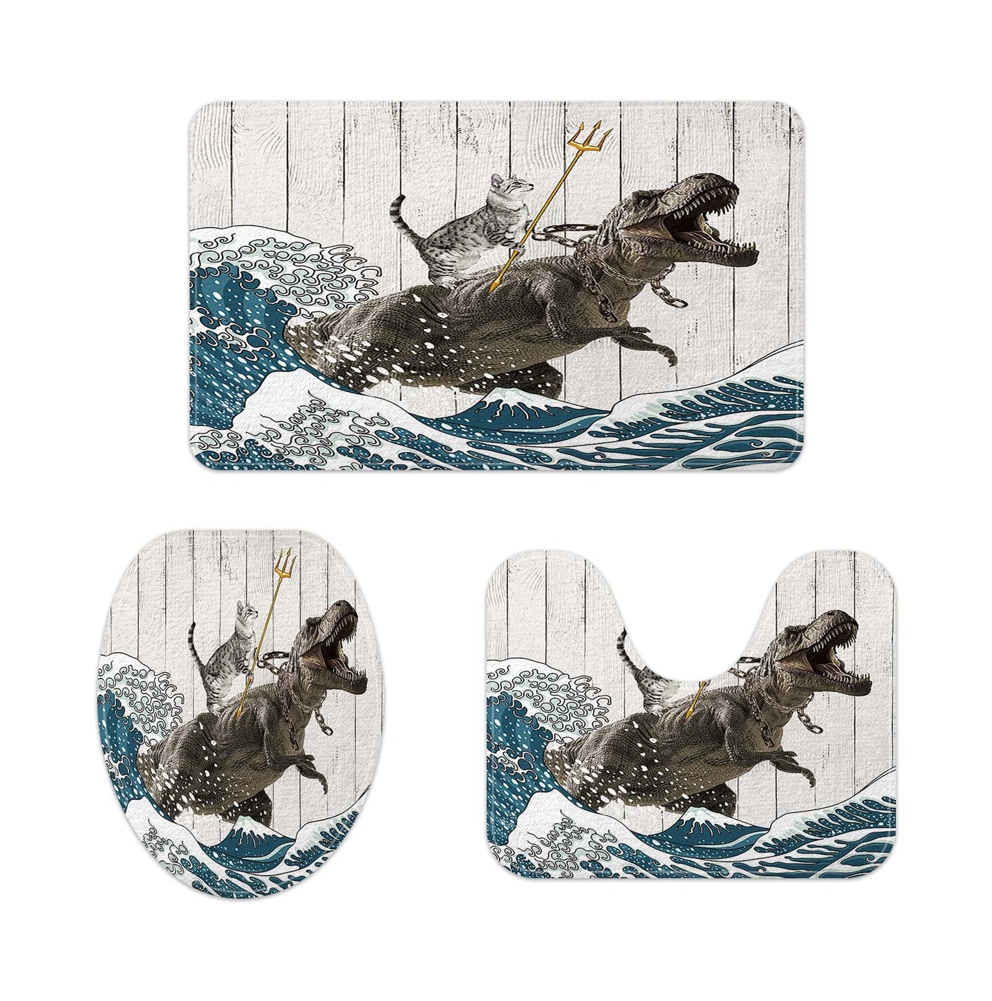 3-Piece Cat Bath Mat Set with Dinosaur Ocean Wave Decor