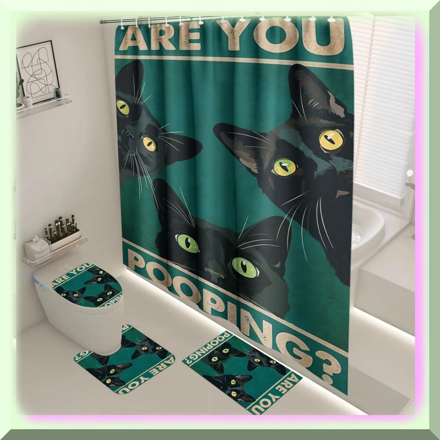 4 Pcs Black Cat Shower Curtain Set with Rugs