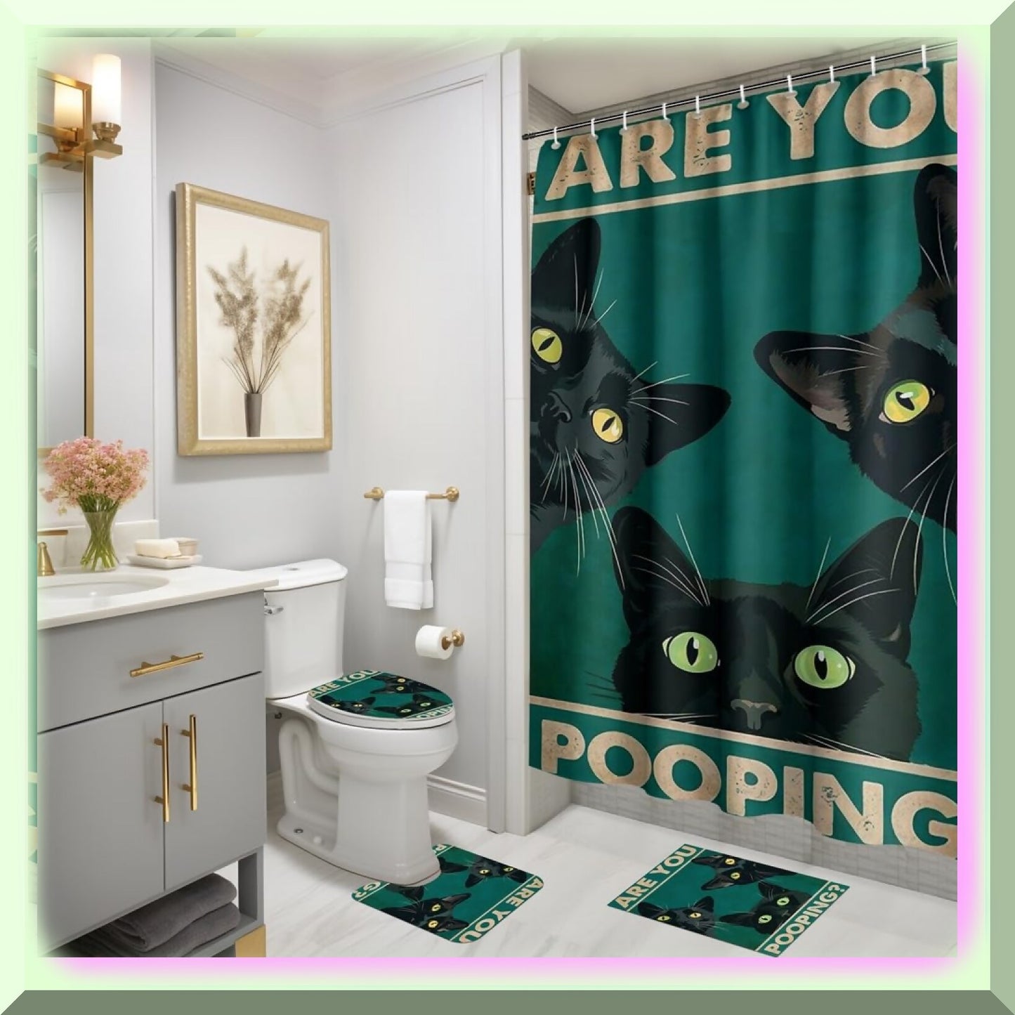 4 Pcs Black Cat Shower Curtain Set with Rugs