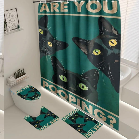4 Pcs Black Cat Shower Curtain Set with Rugs