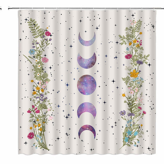 Moon Phase Boho Floral Shower Curtain 70x70 inches
