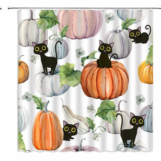 Fall Pumpkin Cat Shower Curtain with Hooks