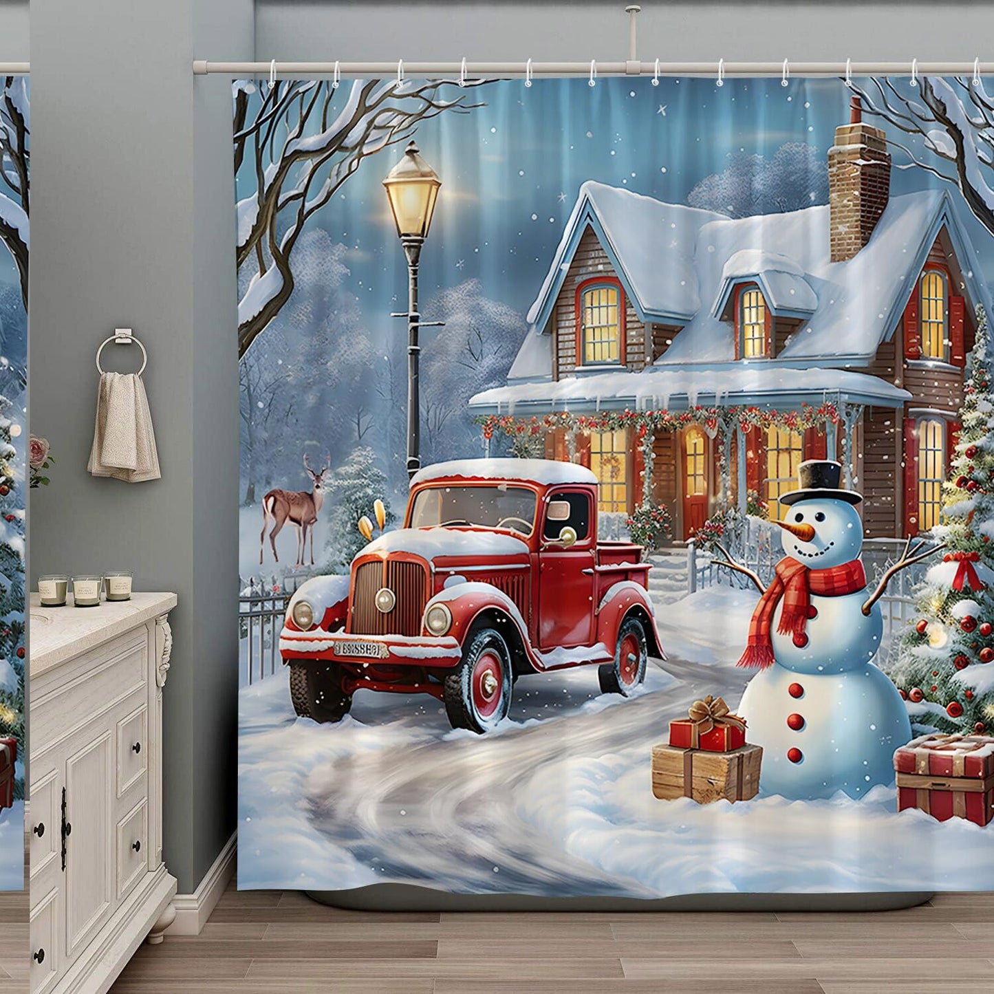 Snowman Red Truck Xmas Tree Elk Shower Curtain 70x70 Inches