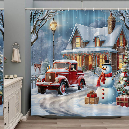 Snowman Red Truck Xmas Tree Elk Shower Curtain 70x70 Inches