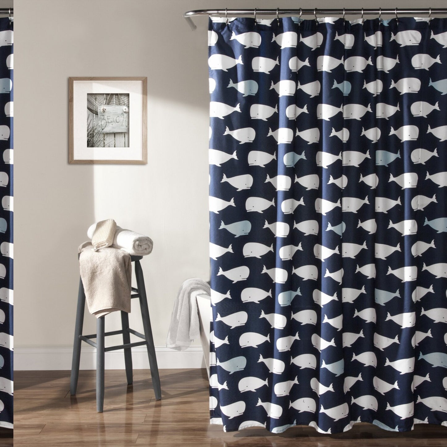 Whale Shower Curtain Fabric Ocean Fish 72x72 Navy