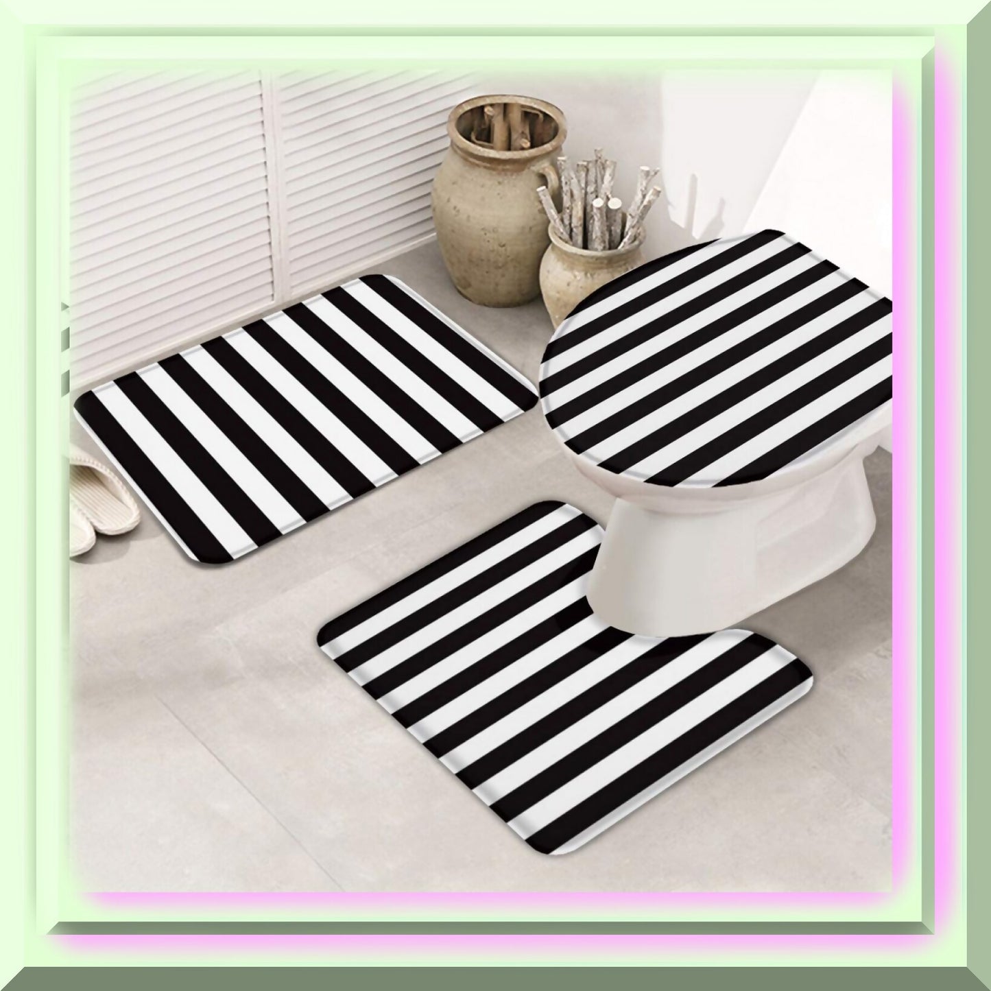 3-Piece Black and White Stripe Bath Rug Set