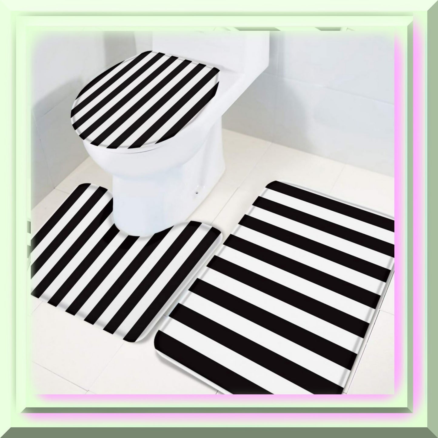 3-Piece Black and White Stripe Bath Rug Set