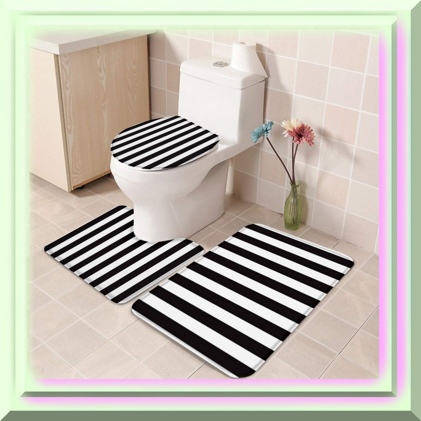 3-Piece Black and White Stripe Bath Rug Set