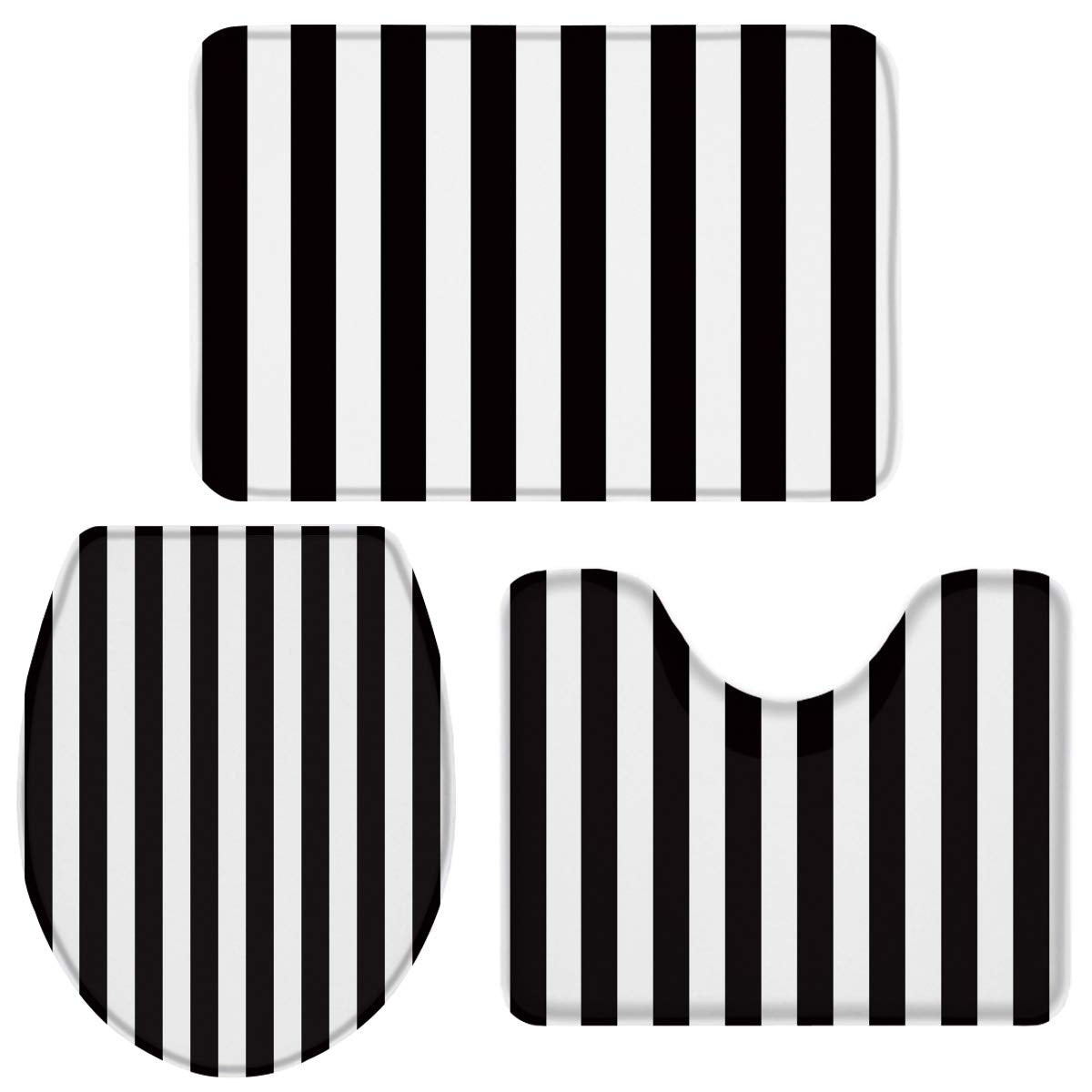 3-Piece Black and White Stripe Bath Rug Set
