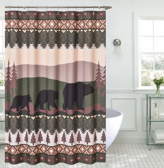 Denali Bear Geometric Woodland Shower Curtain